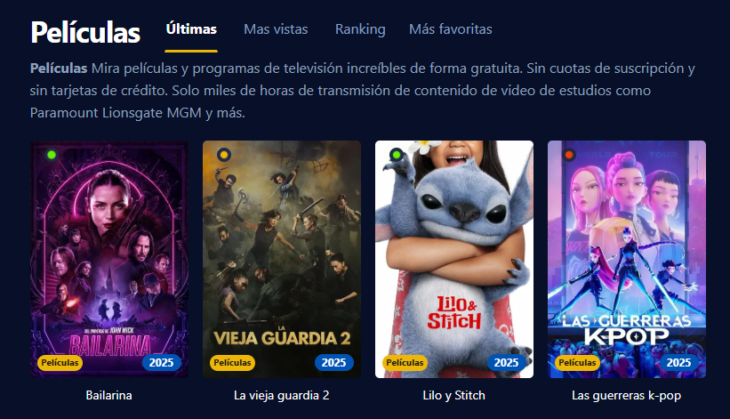 Imagen de la interfaz de Cinehdplus mostrando filmes y series en alta definición